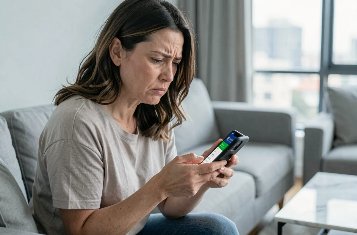 Femme vérifiant un virement en attente de FDJ Ptitclic sur son application bancaire mobile