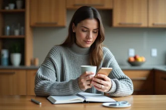 Femme consultant une application de suivi de budget sur son smartphone à la table de sa cuisine