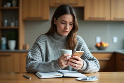 Femme consultant une application de suivi de budget sur son smartphone à la table de sa cuisine