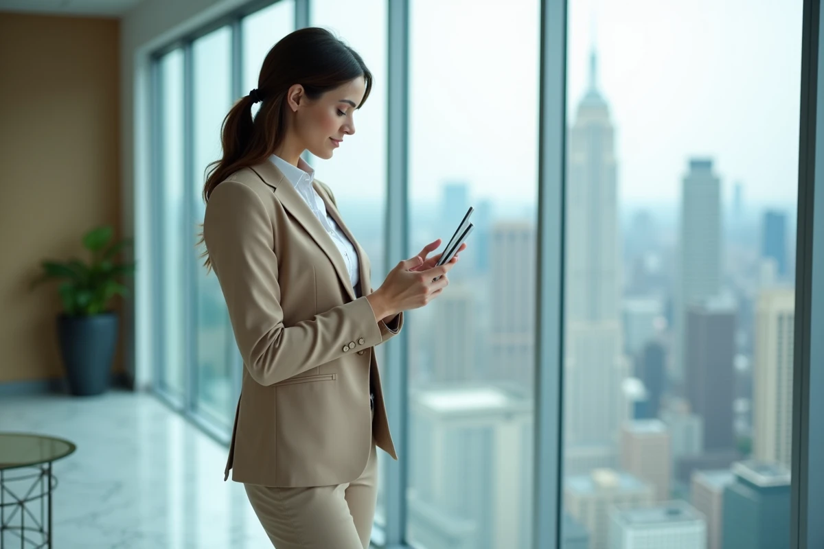 Femme consultant l'application mobile BNP Banque Privée pour valider un virement depuis son smartphone