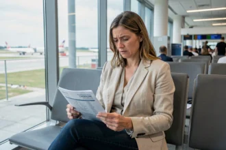 Femme consultant son contrat d'assurance voyage Europ Assistance dans un aéroport avant son départ