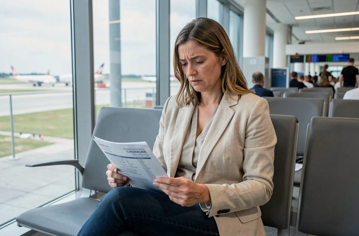 Femme consultant son contrat d'assurance voyage Europ Assistance dans un aéroport avant son départ