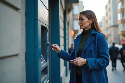 Femme d'&acirc;ge moyen utilisant un distributeur en ville