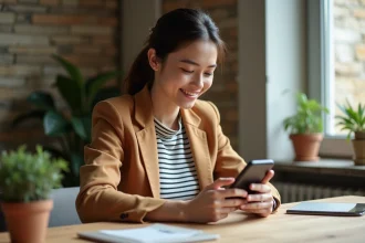 Femme en blazer remplissant un formulaire bancaire sur son smartphone