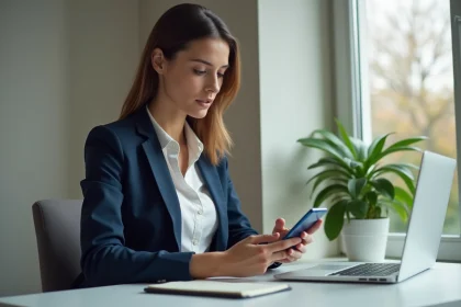 Jeune femme professionnelle utilisant une application financi&egrave;re