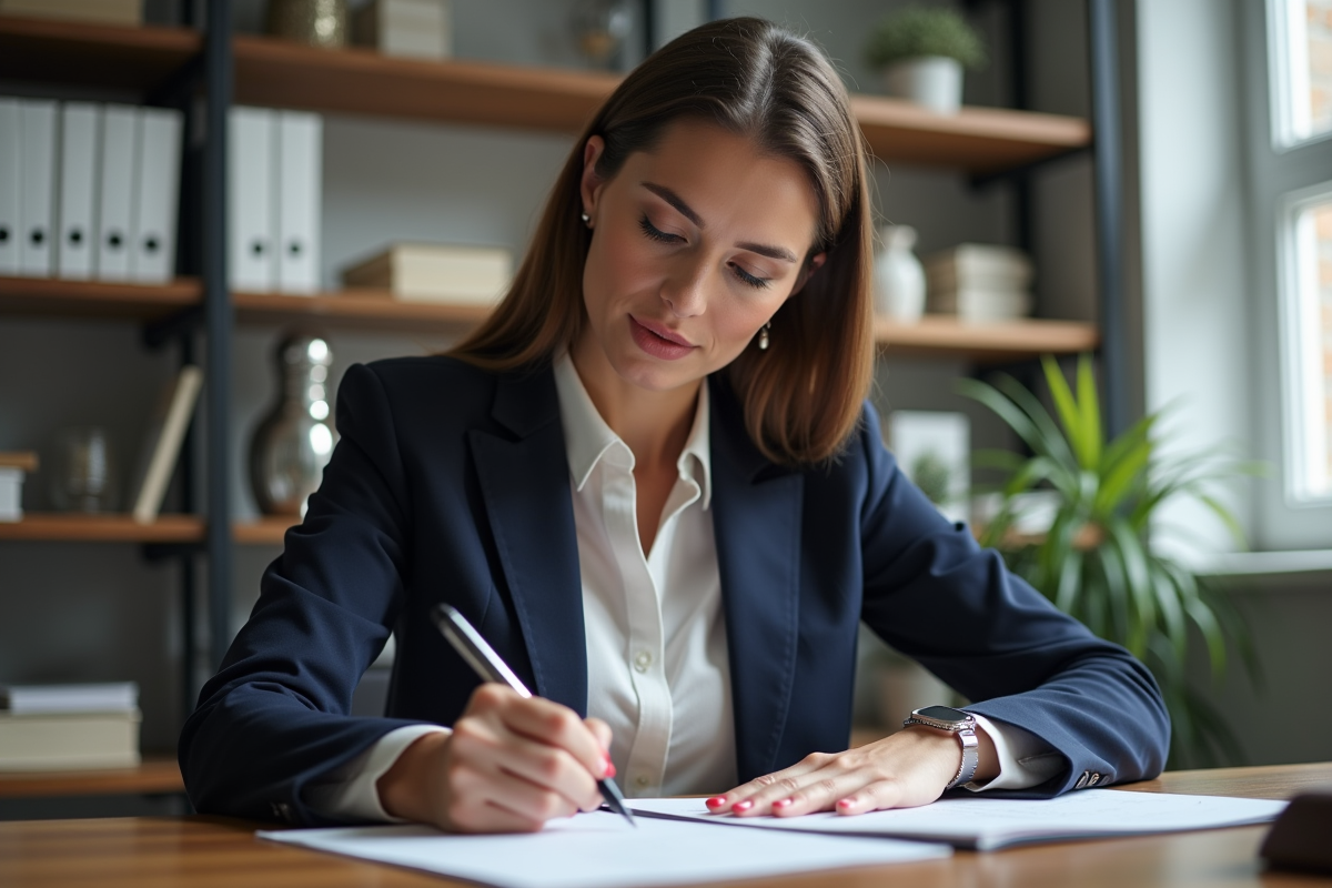 Femme en blazer navy remplissant des papiers juridiques