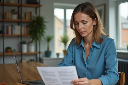 Femme travaillant &agrave; domicile avec ordinateur et papiers