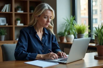 Femme d'âge moyen travaillant sur son ordinateur dans un bureau moderne