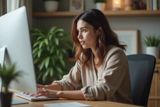 Femme assise à un bureau moderne utilisant un ordinateur
