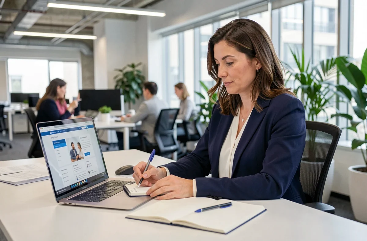 Femme en bureau cherchant un interlocuteur Cetelem sur son ordinateur portable avec prise de notes