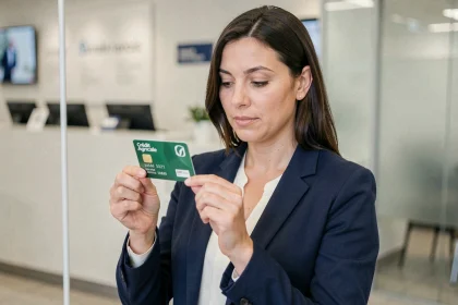 Femme tenant une carte bancaire Crédit Agricole dans une agence bancaire moderne