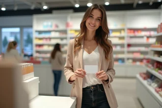 Femme utilisant une carte cadeau Bimpli CADO enseigne à la caisse d'un magasin