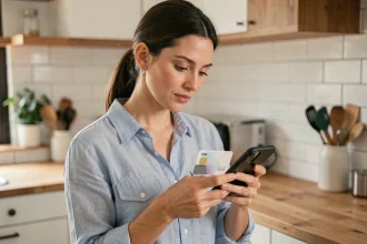 Femme tenant une carte SIM prépayée tout en vérifiant le solde de son crédit mobile sur son smartphone dans une cuisine moderne