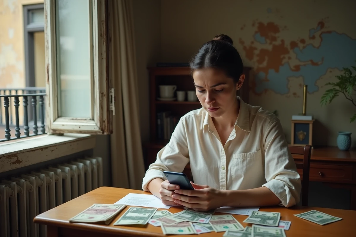 Femme comparant des pesos argentins et des dollars sur un bureau &agrave; Buenos Aires, recherchant des solutions de change alternatives au march&eacute; noir