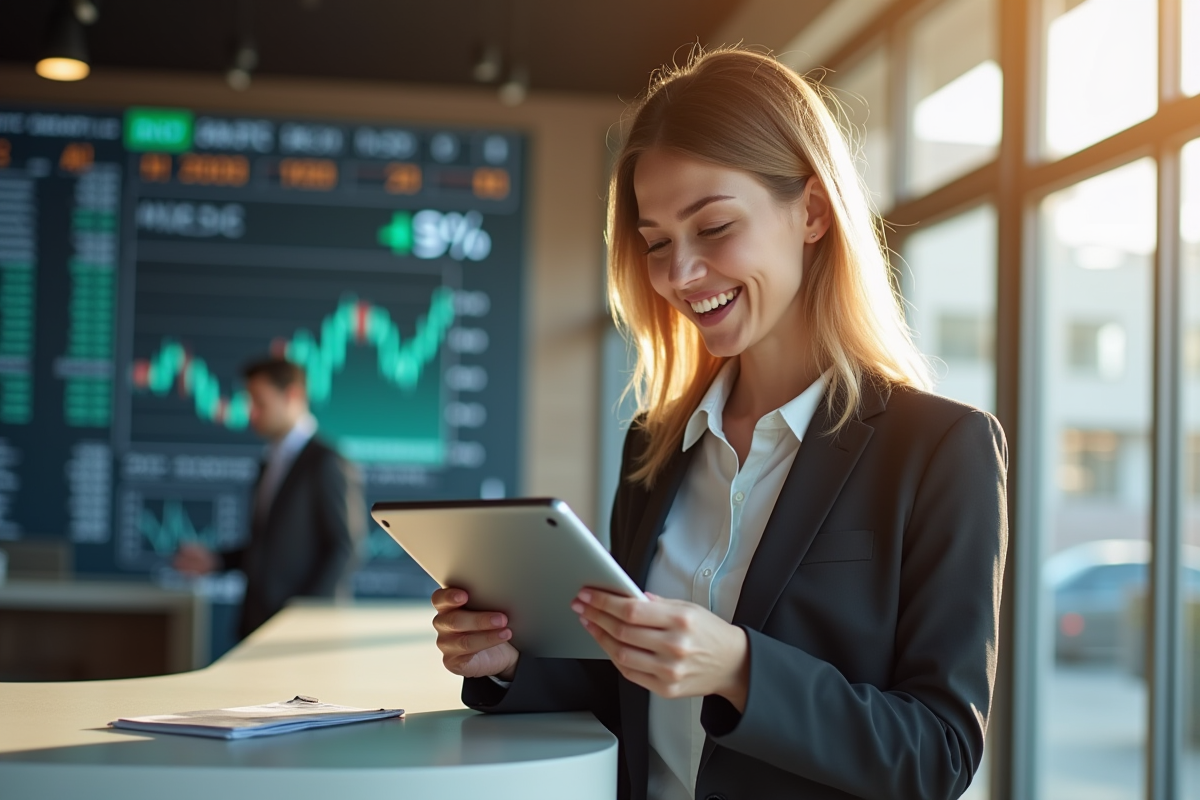 Jeune femme souriante comparant taux d'intérêt sur tablette