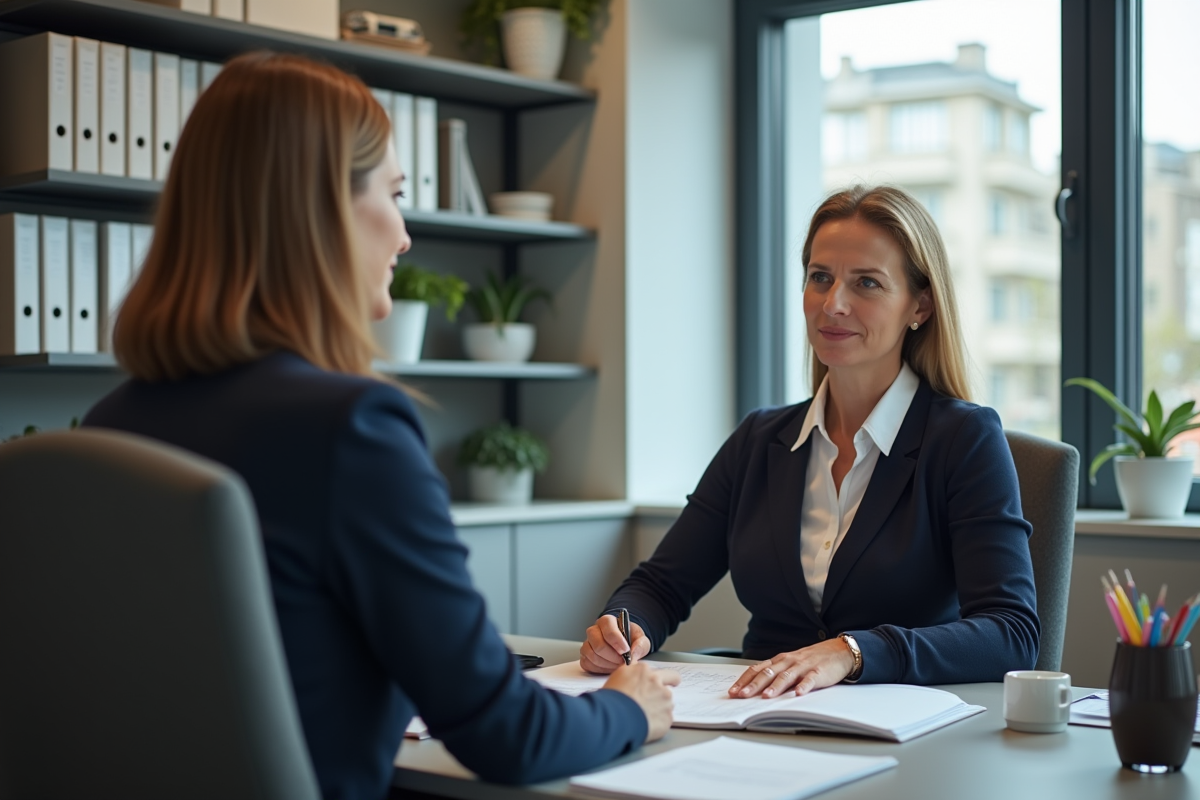 Femme en entretien avec un conseiller en assurance dans un bureau professionnel
