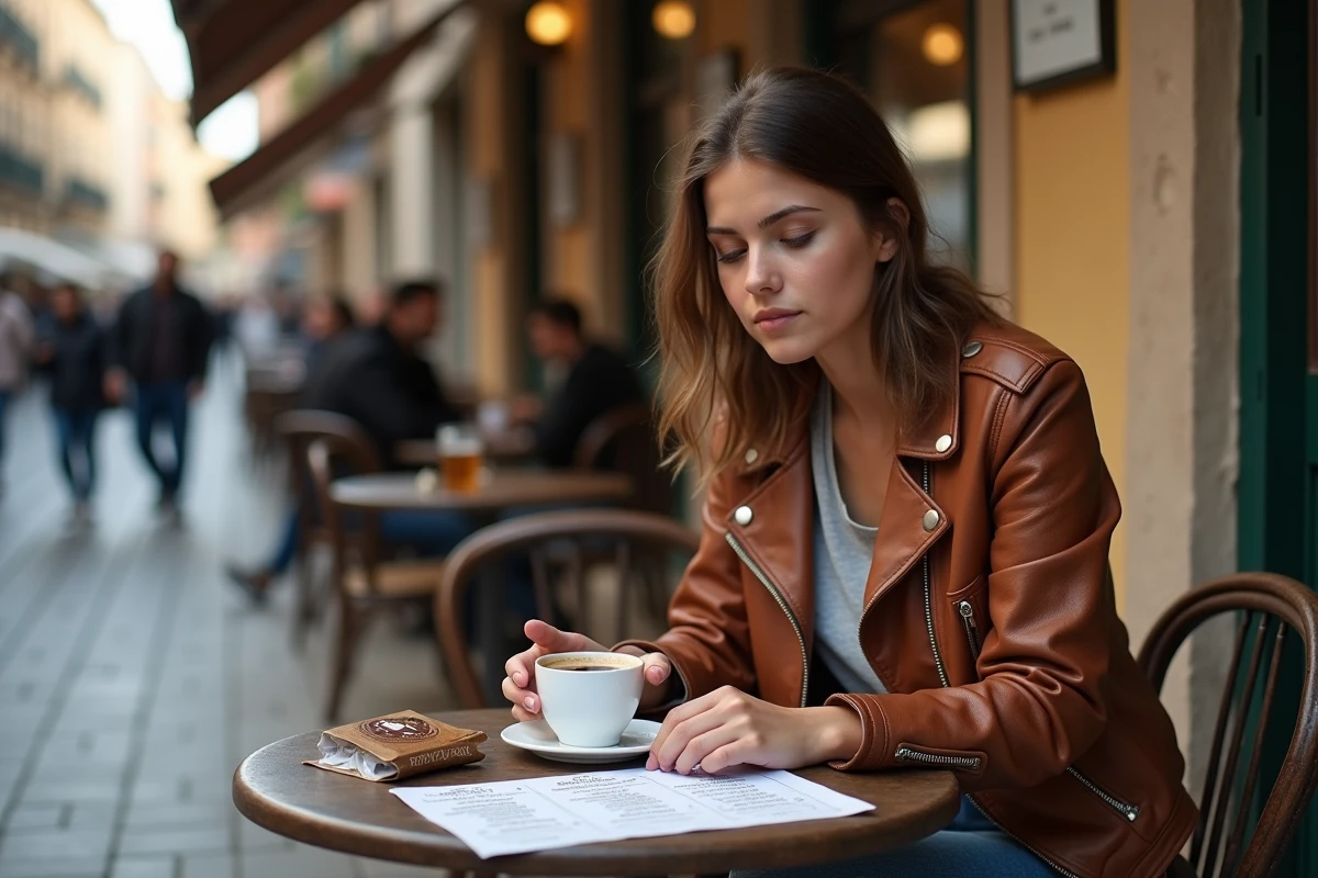 Jeune femme v&eacute;rifiant le prix du tabac dans un caf&eacute; en Espagne