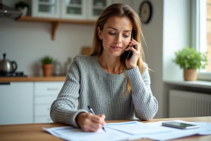 Femme contactant Cofidis par téléphone pour suivre son crédit en cours, assise à une table avec des documents de prêt