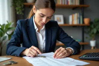 Femme consultant un tableau de conversion francs euros sur un bureau en bois avec des pièces de monnaie
