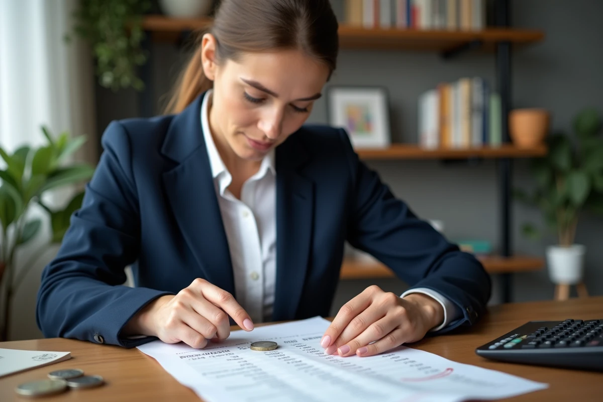 Femme consultant un tableau de conversion francs euros sur un bureau en bois avec des pièces de monnaie