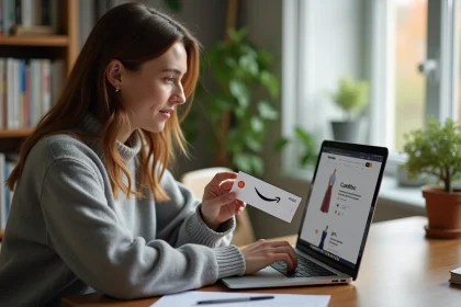 Femme convertissant un chèque Cadhoc en bon Amazon depuis son bureau à domicile