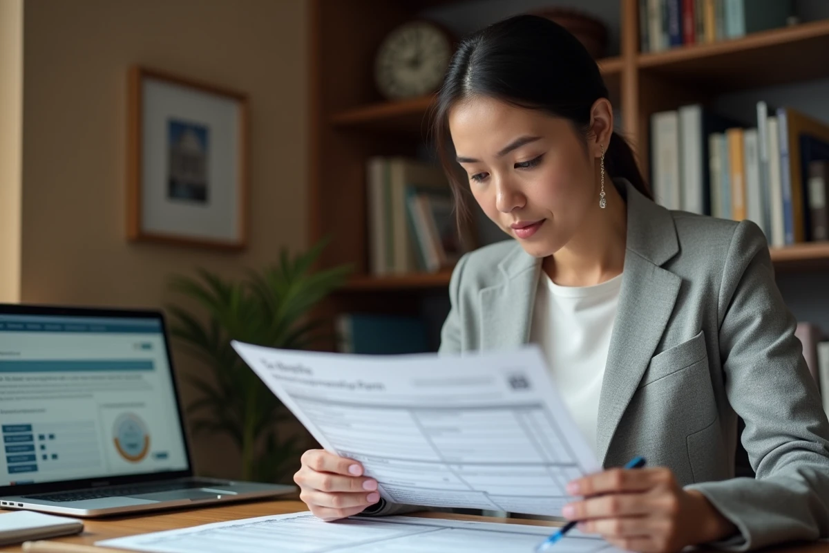 Femme consultant le formulaire fiscal 2042 RICI sur son bureau à domicile