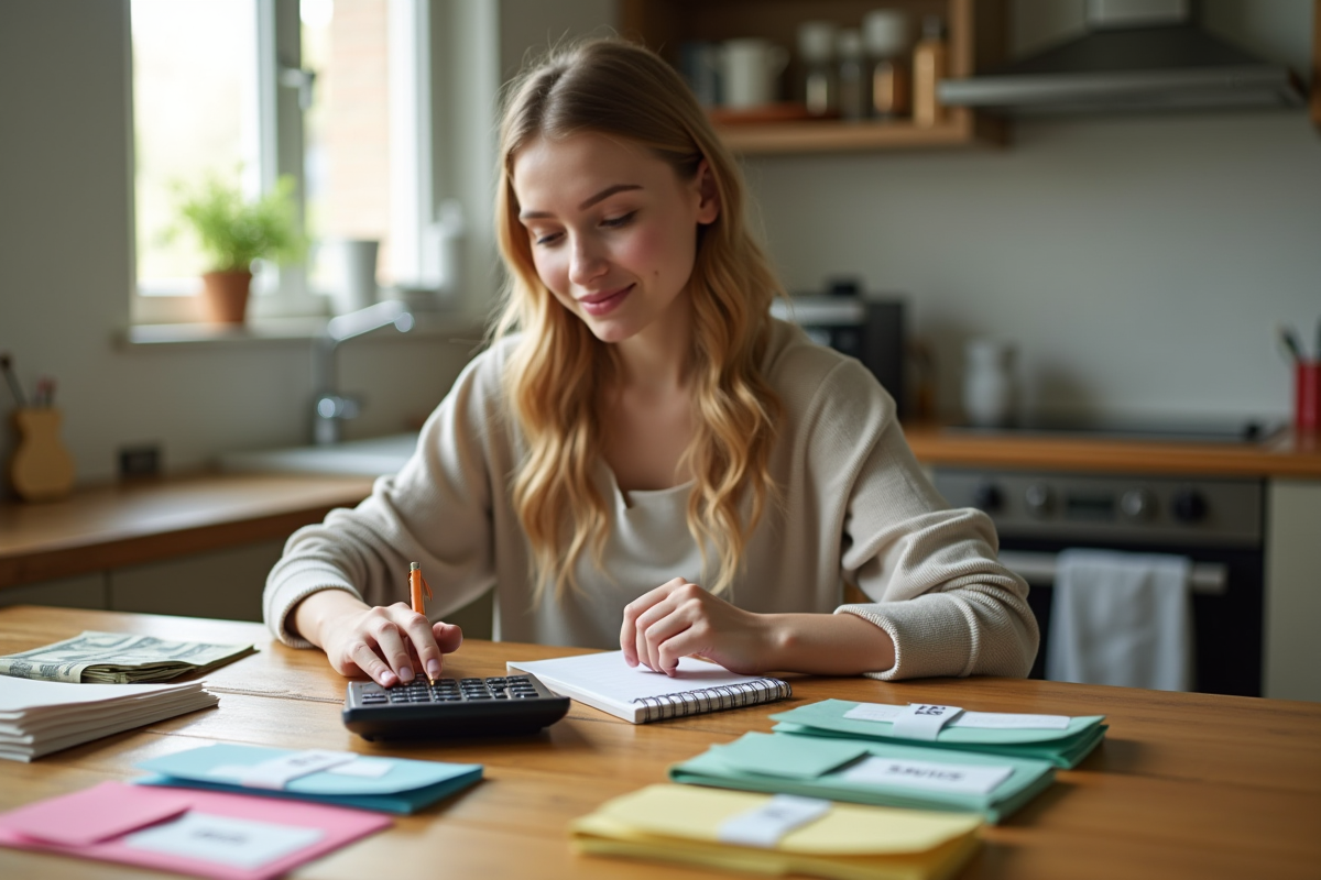 Jeune femme gérant son budget avec des enveloppes et de l'argent