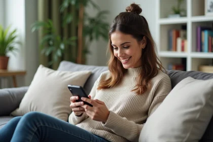 Femme souriante g&eacute;rant ses comptes sur smartphone &agrave; la maison