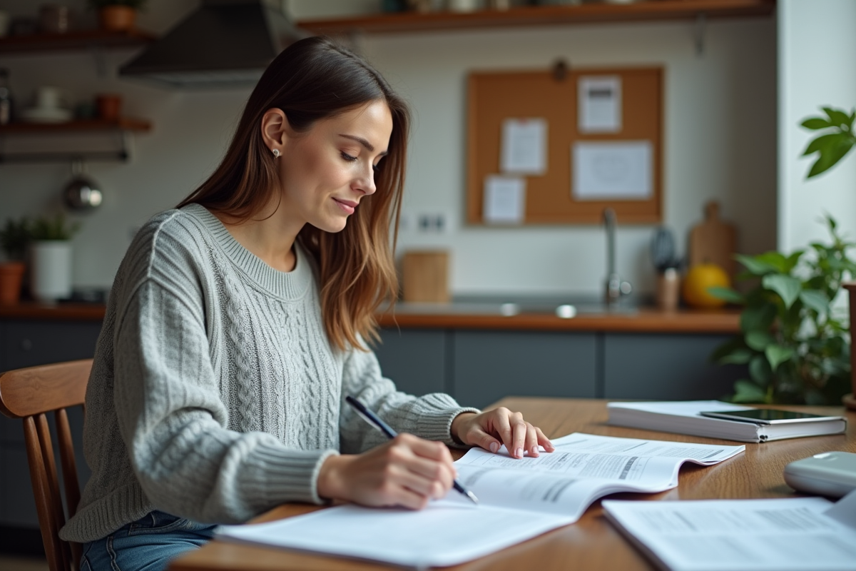 Jeune femme triant des papiers dans une cuisine chaleureuse