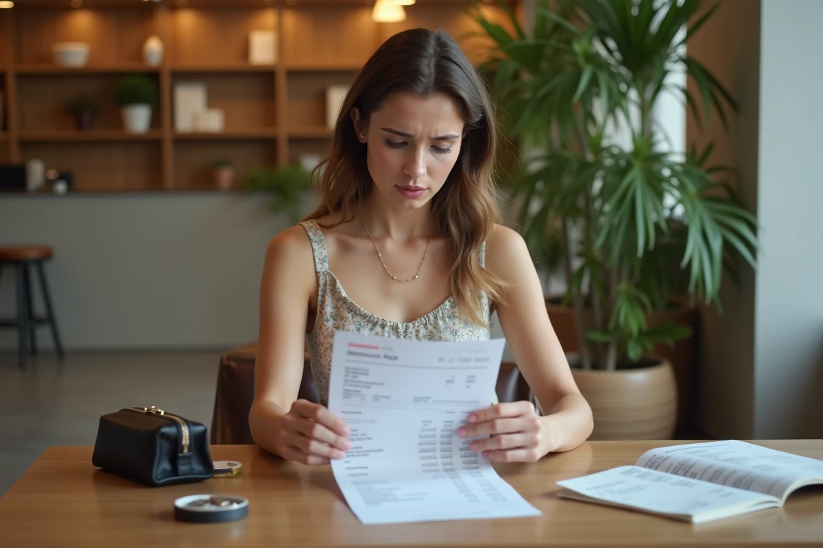 Jeune femme examinant une facture de restaurant &agrave; l