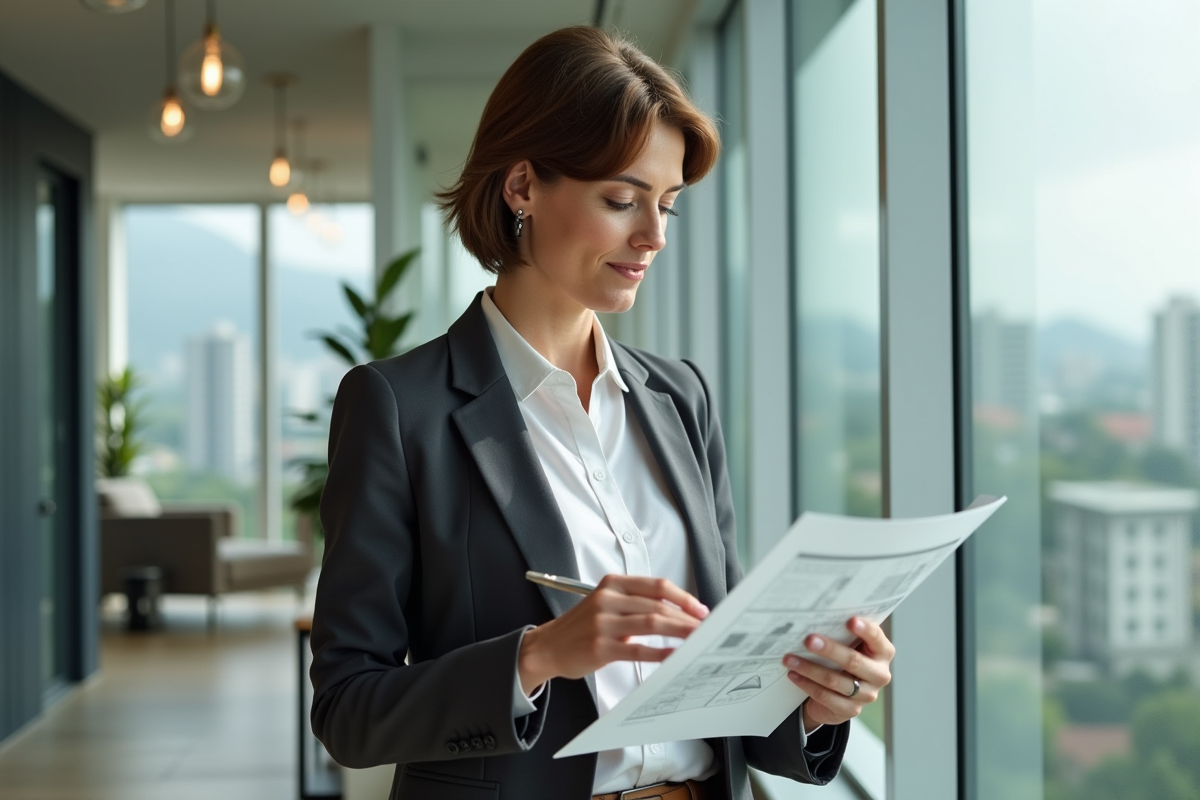 Femme examinant des plans immobiliers dans un bureau lumineux