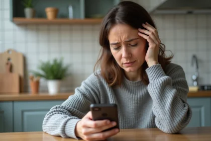 Femme inquiète consultant son téléphone en attendant un virement CAF sur son compte bancaire