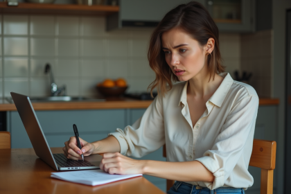 Femme inquiète vérifiant ses comptes en ligne à la maison