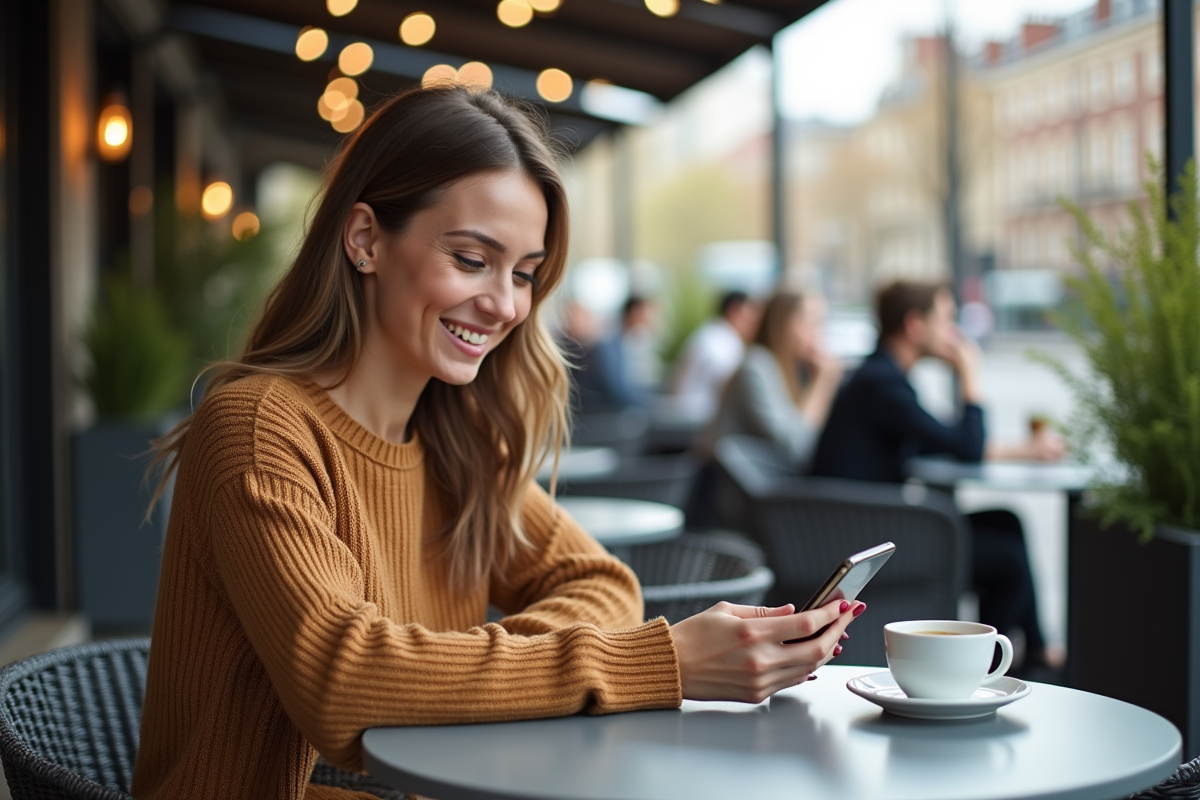 Jeune femme souriante utilisant son smartphone en café urbain