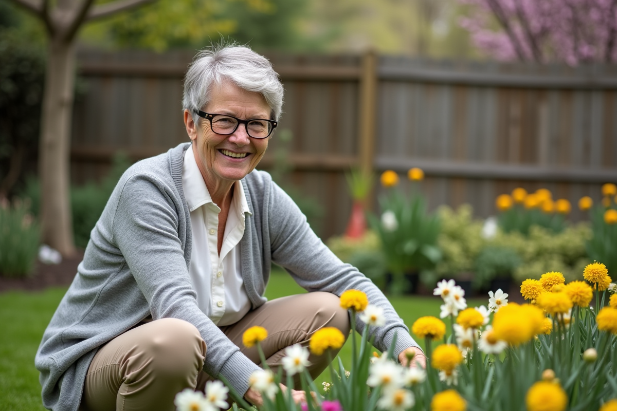 Femme retraitée jardinant parmi les fleurs en plein air