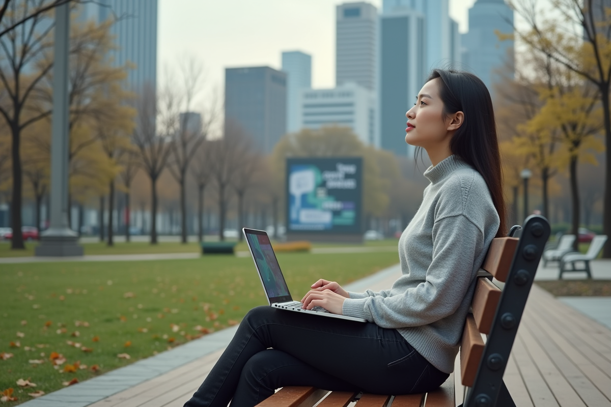 Jeune femme urbaine travaillant sur un ordinateur portable en plein air
