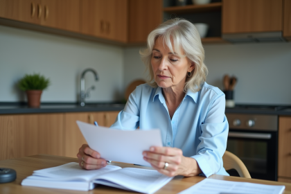Femme d'une quarantaine d'ann&eacute;es lisant des documents d'assurance