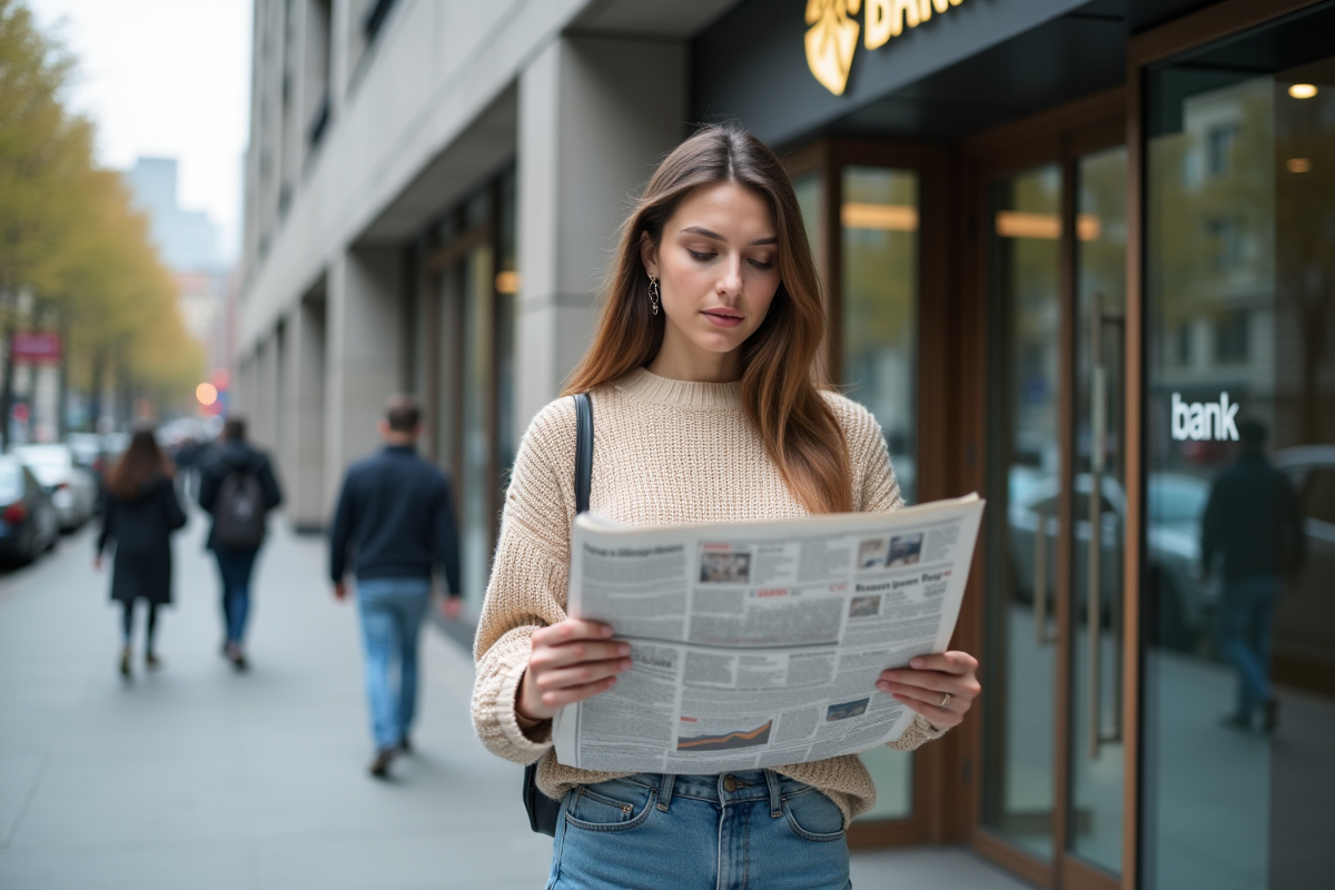 Jeune femme lisant un journal avec titres boursiers en extérieur