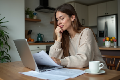 Jeune femme réfléchissant à ses finances avec ordinateur