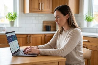 Femme assise à une table de cuisine moderne avec ordinateur