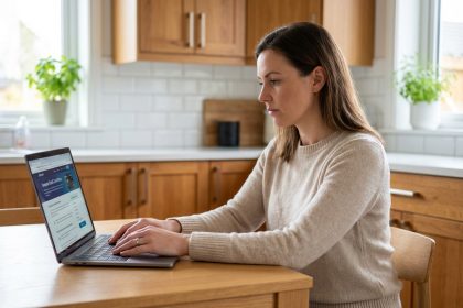 Femme assise &agrave; une table de cuisine moderne avec ordinateur