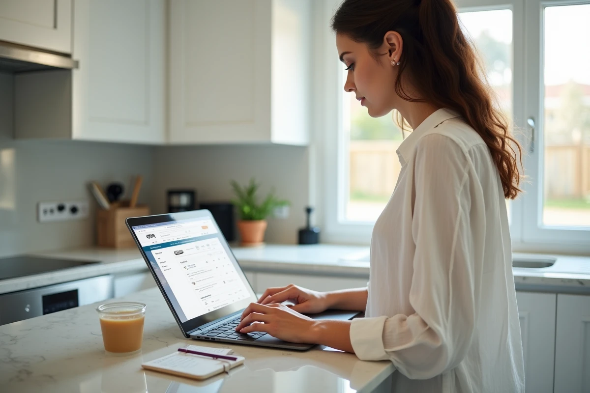 Femme convertissant un chèque Cadhoc en bon Amazon depuis son ordinateur dans la cuisine