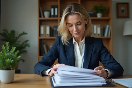 Femme d'&acirc;ge moyen examinant ses relev&eacute;s bancaires Cr&eacute;dit Agricole
