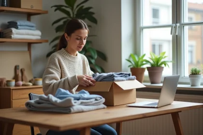Femme organis&eacute;e triant des v&ecirc;tements dans un appartement lumineux