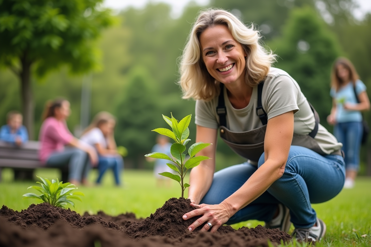 Femme plantant un jeune arbre dans un parc communautaire vert
