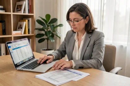 Femme professionnelle consultant un simulateur de frais kilométriques sur ordinateur portable avec documents de déclaration sur bureau en bois