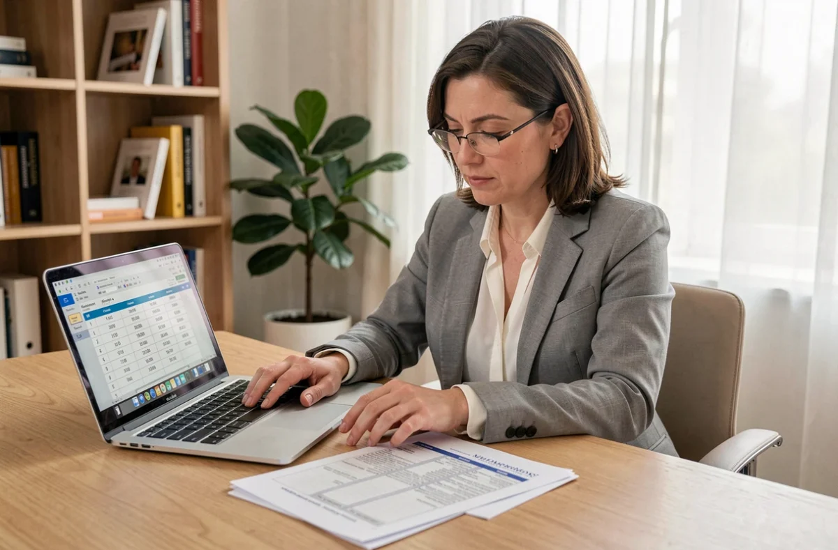 Femme professionnelle consultant un simulateur de frais kilométriques sur ordinateur portable avec documents de déclaration sur bureau en bois