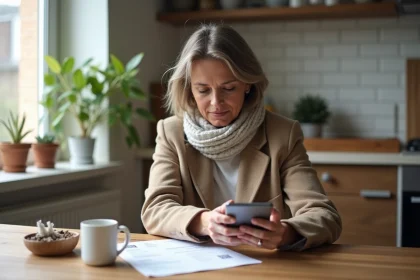 Femme scannant un QR code sur une facture dans la cuisine