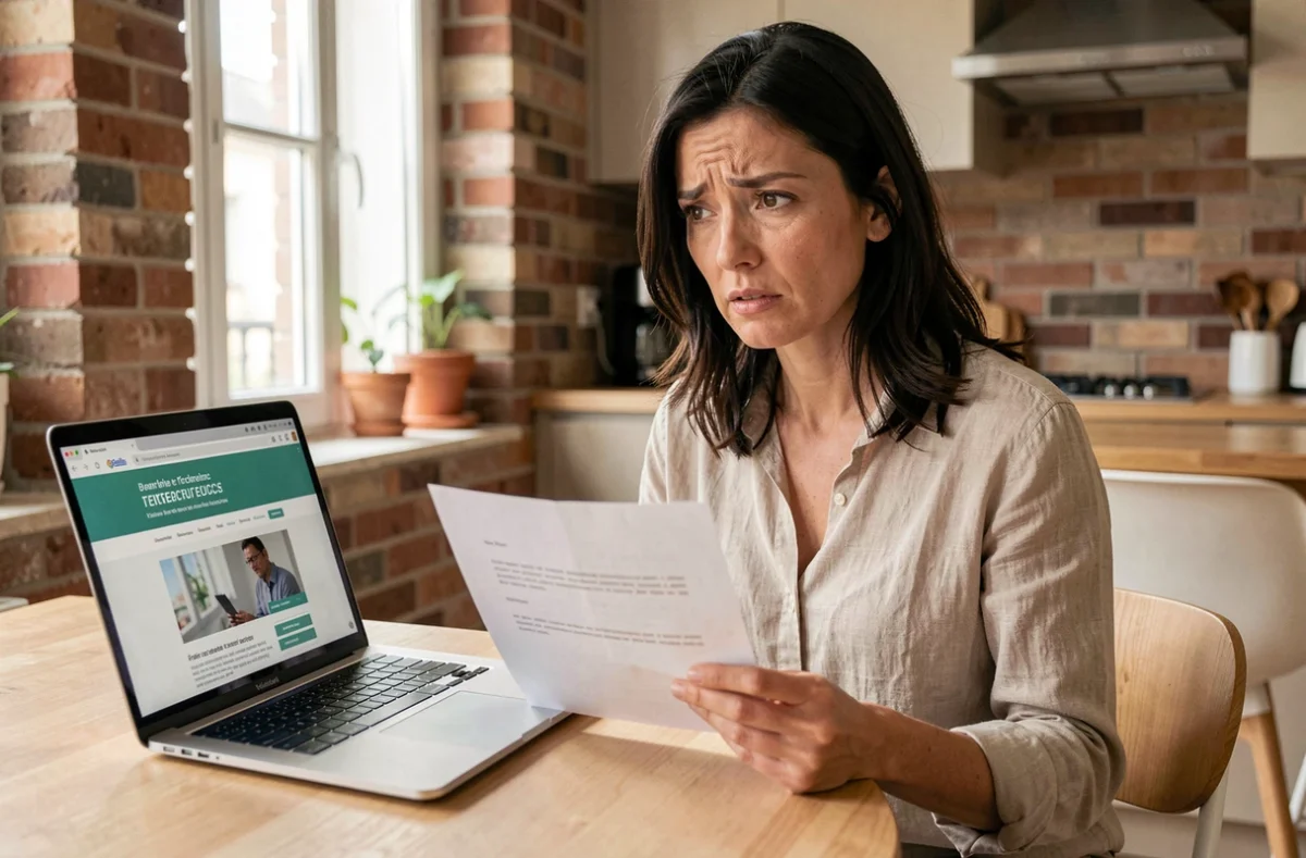 Une femme consulte des informations sur le fichier Préventel depuis son ordinateur portable à domicile avec une expression préoccupée