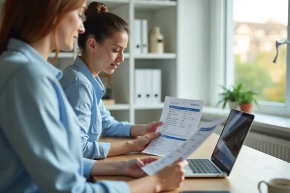 Femme consultant son relevé bancaire sur un bureau en bois dans un bureau à domicile moderne